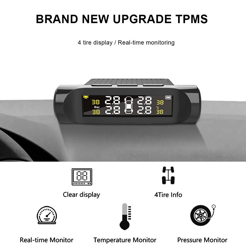 Car TPMS Tyre Pressure Monitoring System Solar Power Digital LCD Display Auto Security Alarm Systems Pressure External Sensor Tyre Pressure Monitoring System