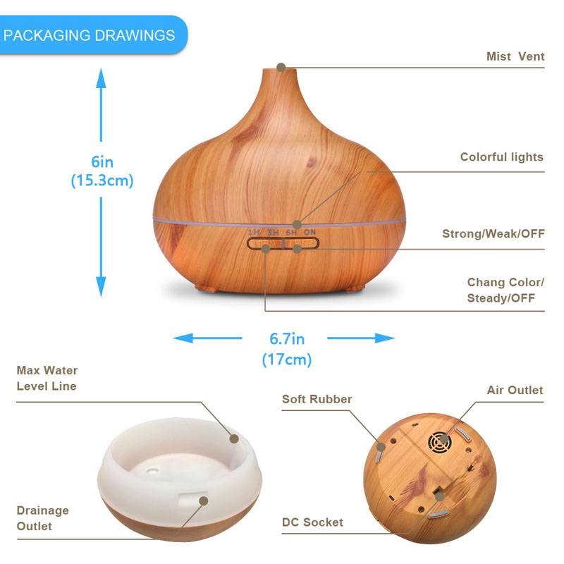 550ml Aromatherapy Essential Oil Diffuser with Remote Control Wood Grain Ultrasonic Air Humidifier Cool Mister 7 Color LED Light