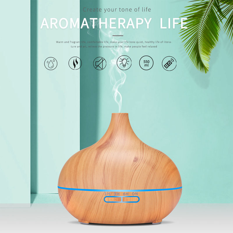 550ml Aromatherapy Essential Oil Diffuser with Remote Control Wood Grain Ultrasonic Air Humidifier Cool Mister 7 Color LED Light